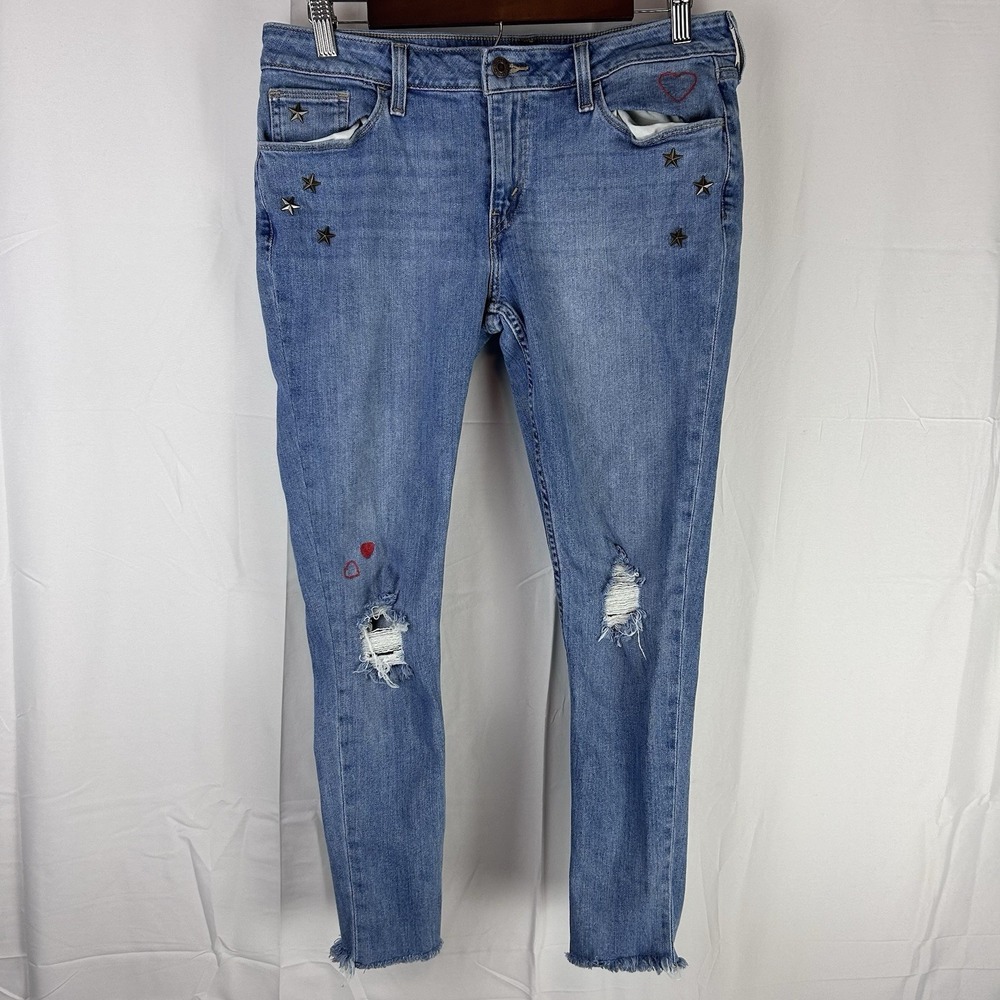 Levi's 535 Super Skinny Raw Hem Star and Heart Embroidered‎ Ankle Jeans Sz 32